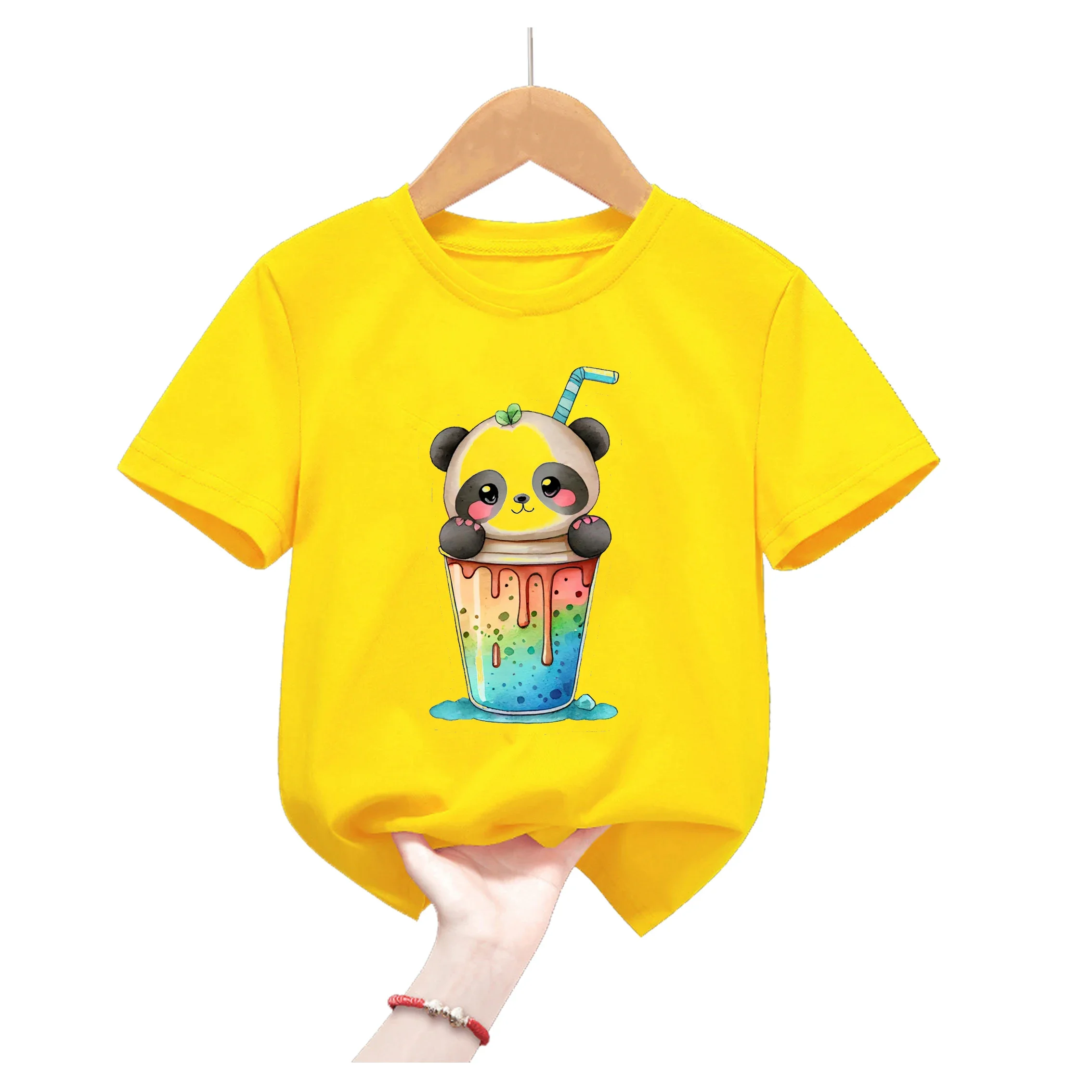 Funny Panda Animal Print Yellow T Shirt For Girls/Boys Kawaii Kids Clothes Summer Short Sleeve Children'S Clothing