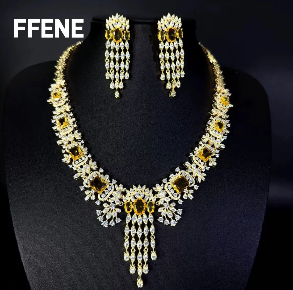 

[Elegant] Luxurious necklace and earrings set, zircon waterfall, wedding banquet elegant female accessories, Middle Eastern brid