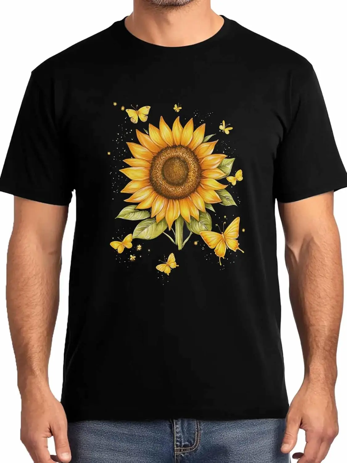 

Мужские футболки с фермой и подсолнухом, мужские футболки с коротким рукавом, футболка с круглым вырезом, мужские футболки с желтой бабочкой