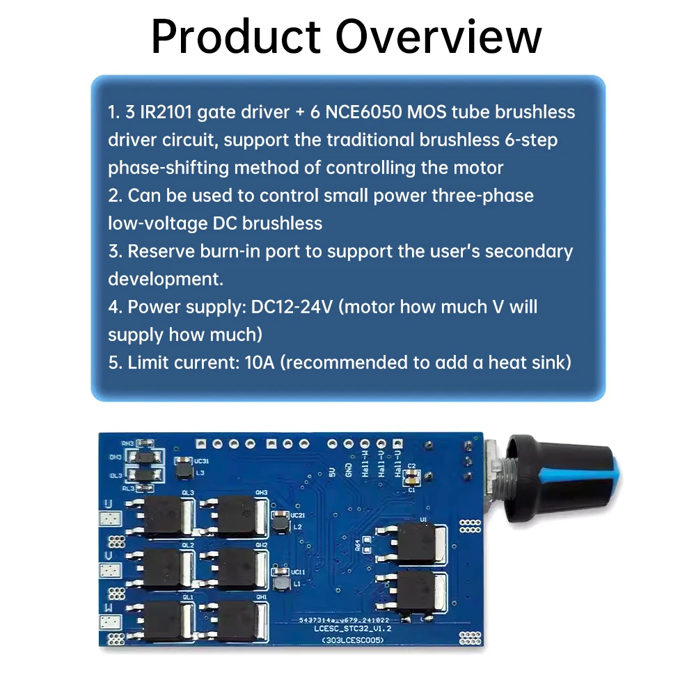 DC 12V-24V 10A 3-Phase DC Brushless Motor Driver Hall Encoder Motor Controller With Potentiometer Support Secondary Development