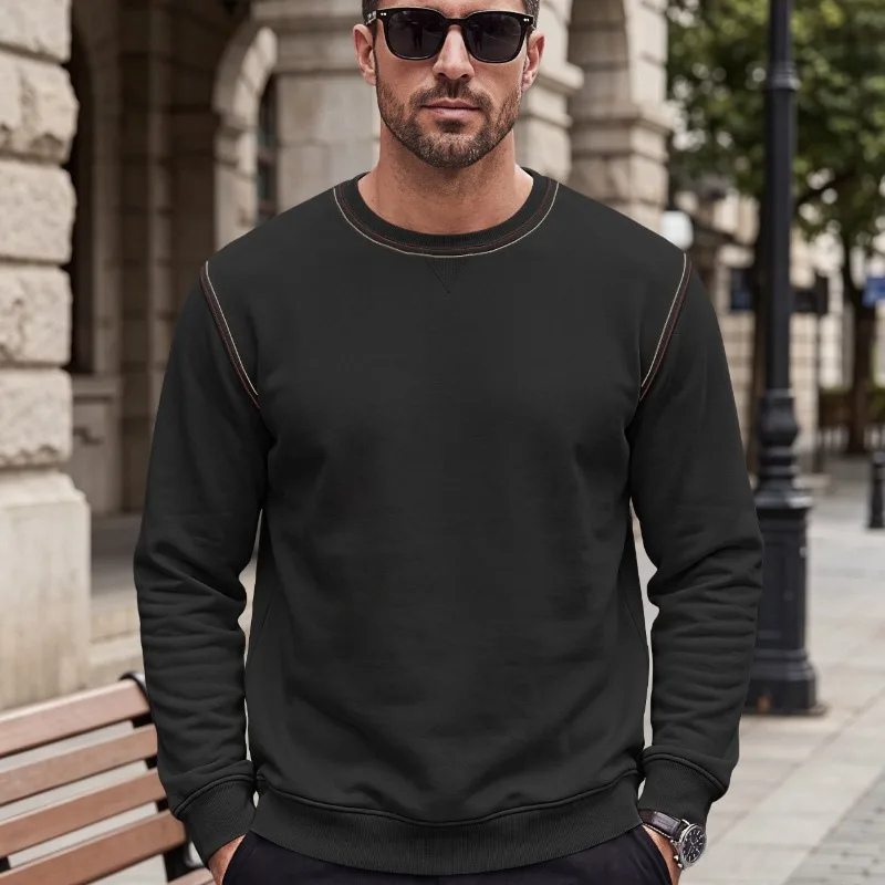 Men Casual Crew Neck Sweatshirt Contrast Color Stitching Decoration Long Sleeve Loose Daily Pullover Tops