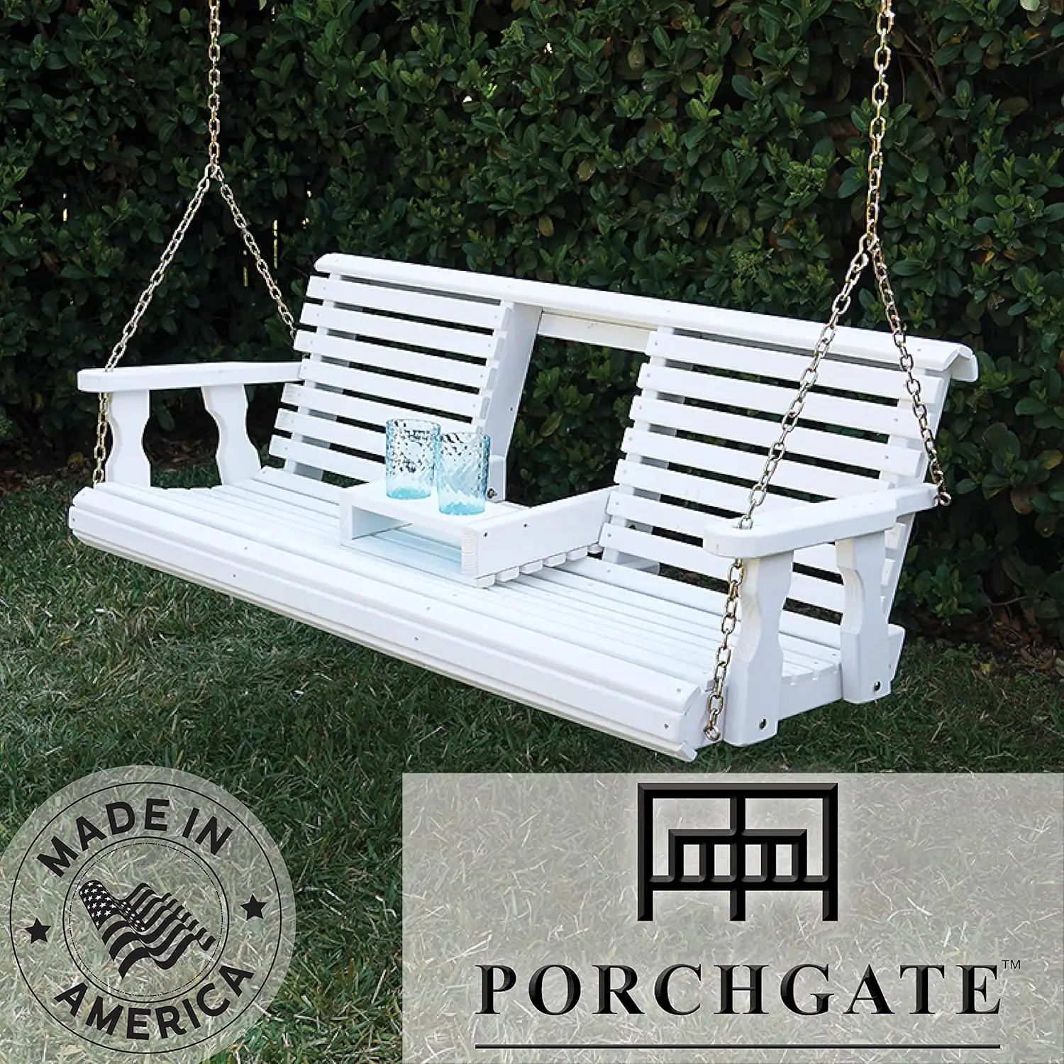 Amish heavy-duty console porch swing, foldable cup holder - made of pine wood, including hanging chain