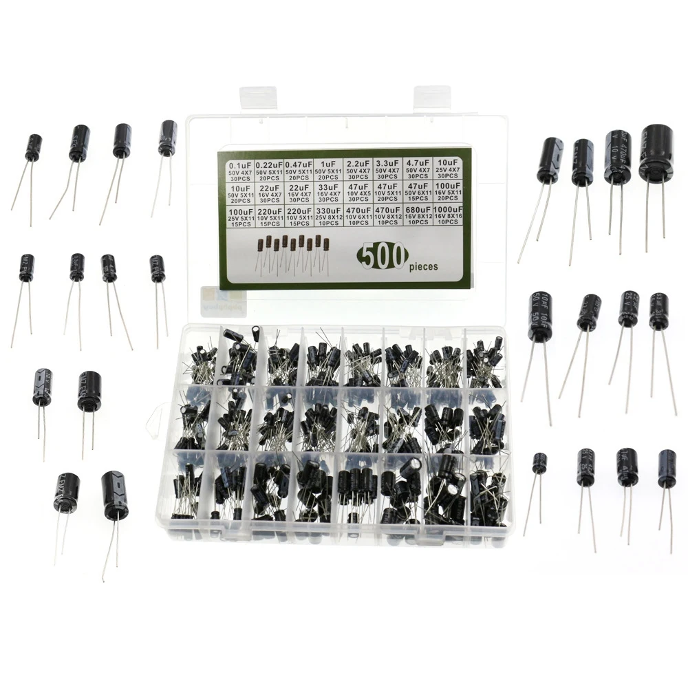 500PCS 24 Kinds of Electrolytic Capacitors of 0.1UF-1000UF Sample Package 500