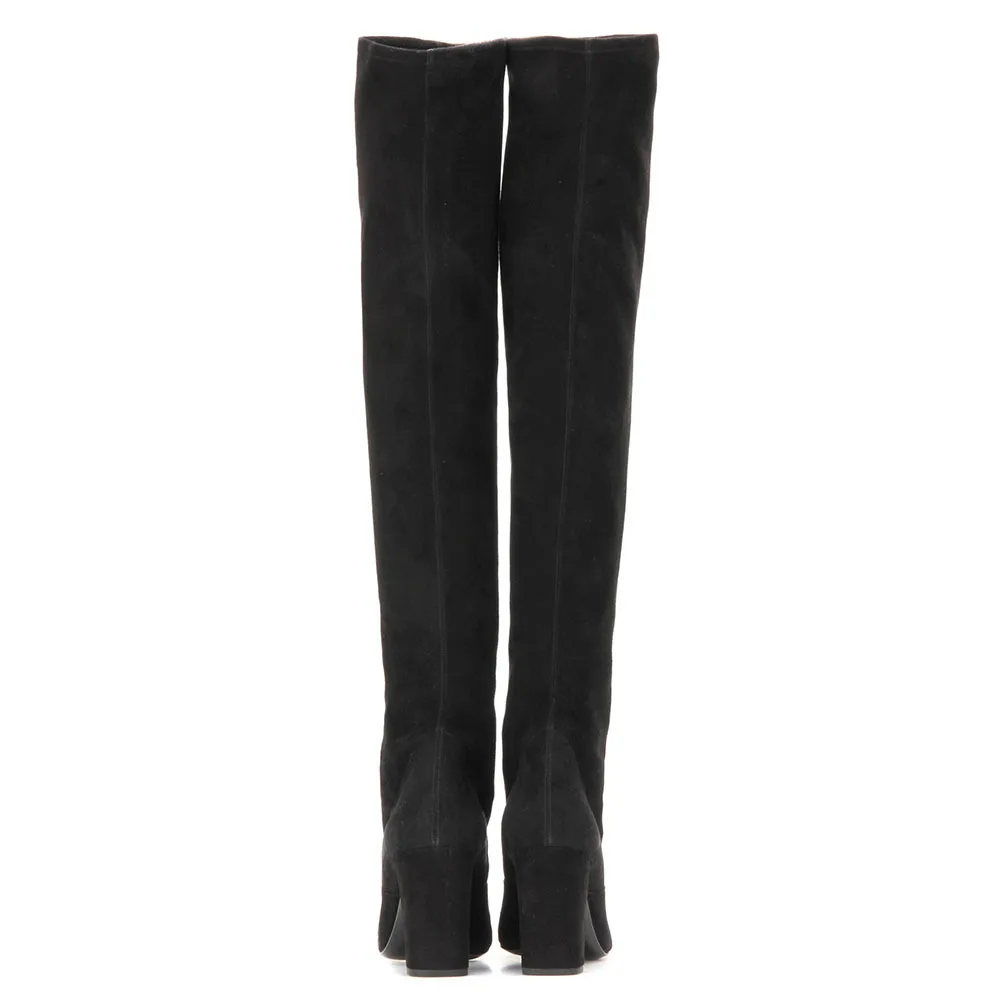 كعب سميك أسود من جلد الغزال أحذية مرنة التخسيس فوق الركبة بوتينز سحب على حجم كبير طويل النساء بوتاس Femininas Chaussure #3