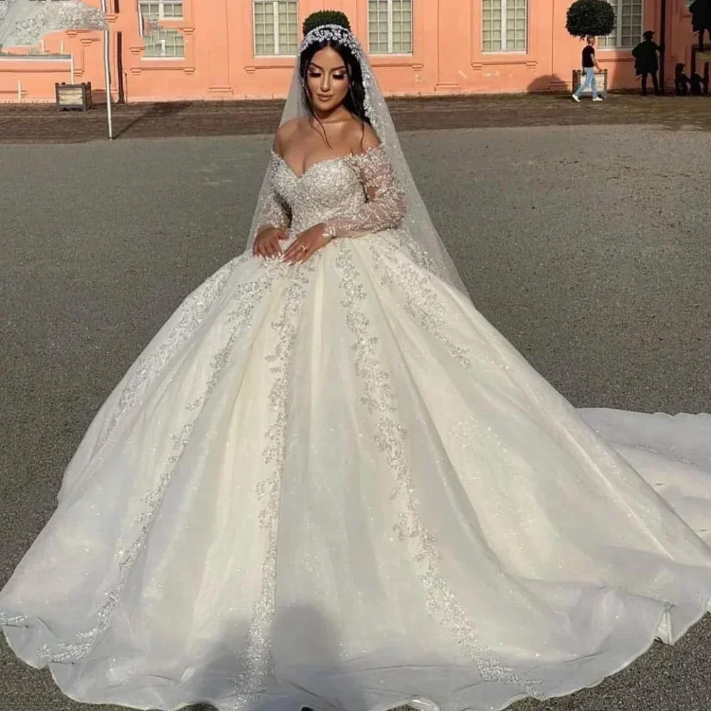 Customized Sparkly V-neck Wedding Dresses Off The Shoulder Lace Applique Bride Gown Ball Gown Long Robe Vestido De Novia