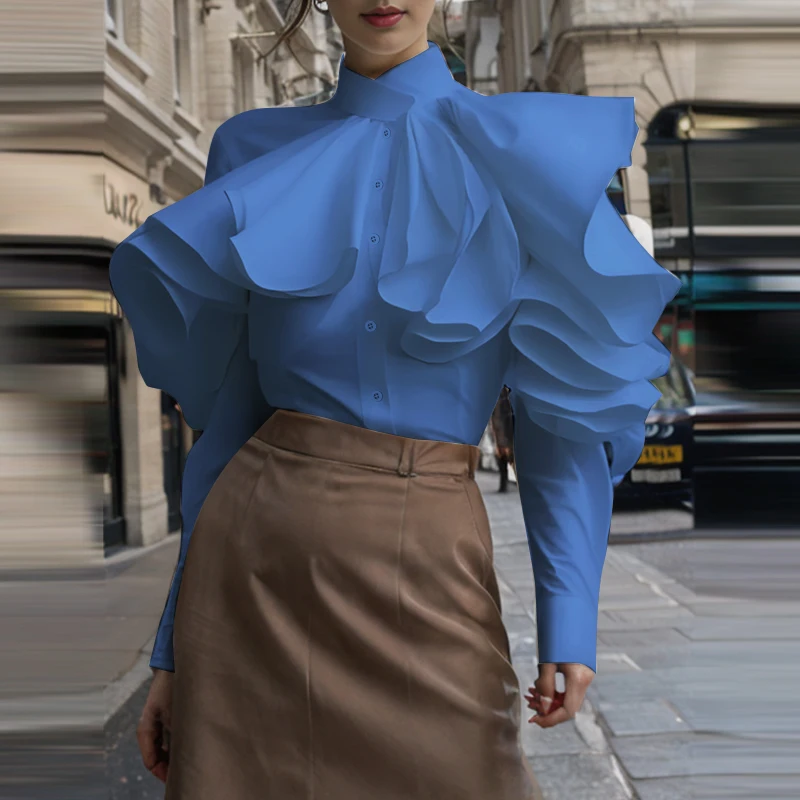ZANZEA 2025 エレガントなシャツの女性の秋のファッション固体オフィスブラウスフリルストリート長袖トップスカジュアルルーズボタンチュニック