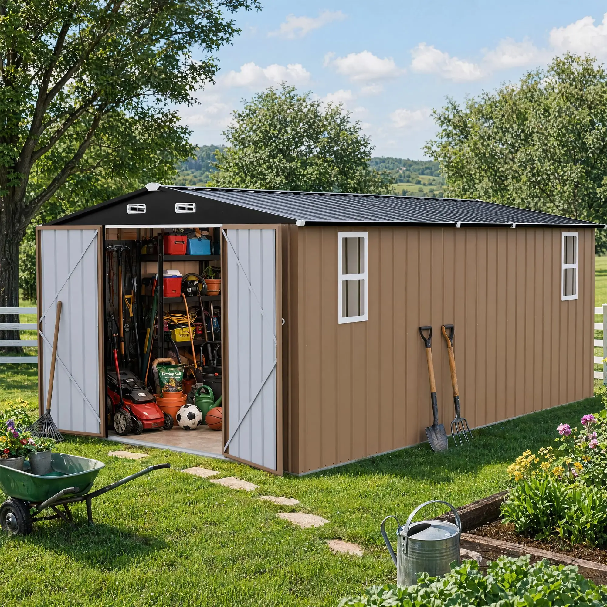 10 x 14 FT Outdoor Storage Shed with Windows, Heavy Duty Galvanized Steel Storage Building with Double Lockable Doors