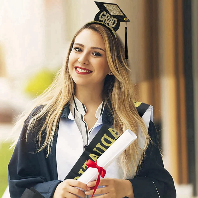 -A26M 2Set Grad Cap Headband Graduated Satin Sash 2024 Graduation Party Decoration Supplies Photo Props Mini Bachelor Hat