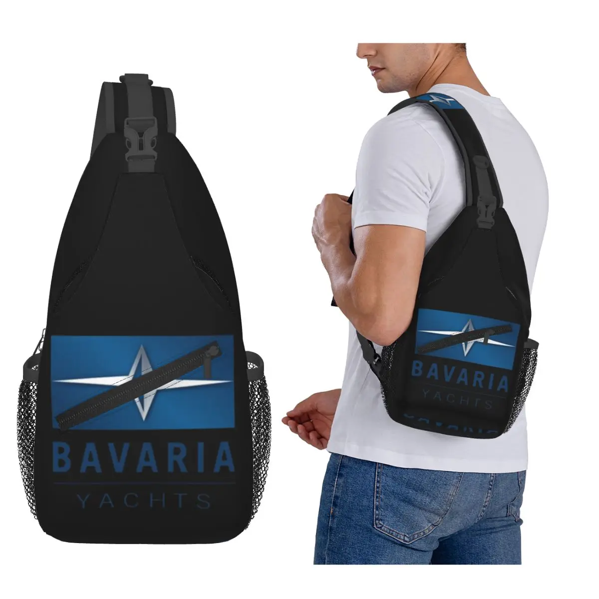 

Bavaria Yachts Blue Silver Logo Chest Bag Men Sling Crossbody Backpack Chest Bag Travel Hiking Daypack Shoulder Bag
