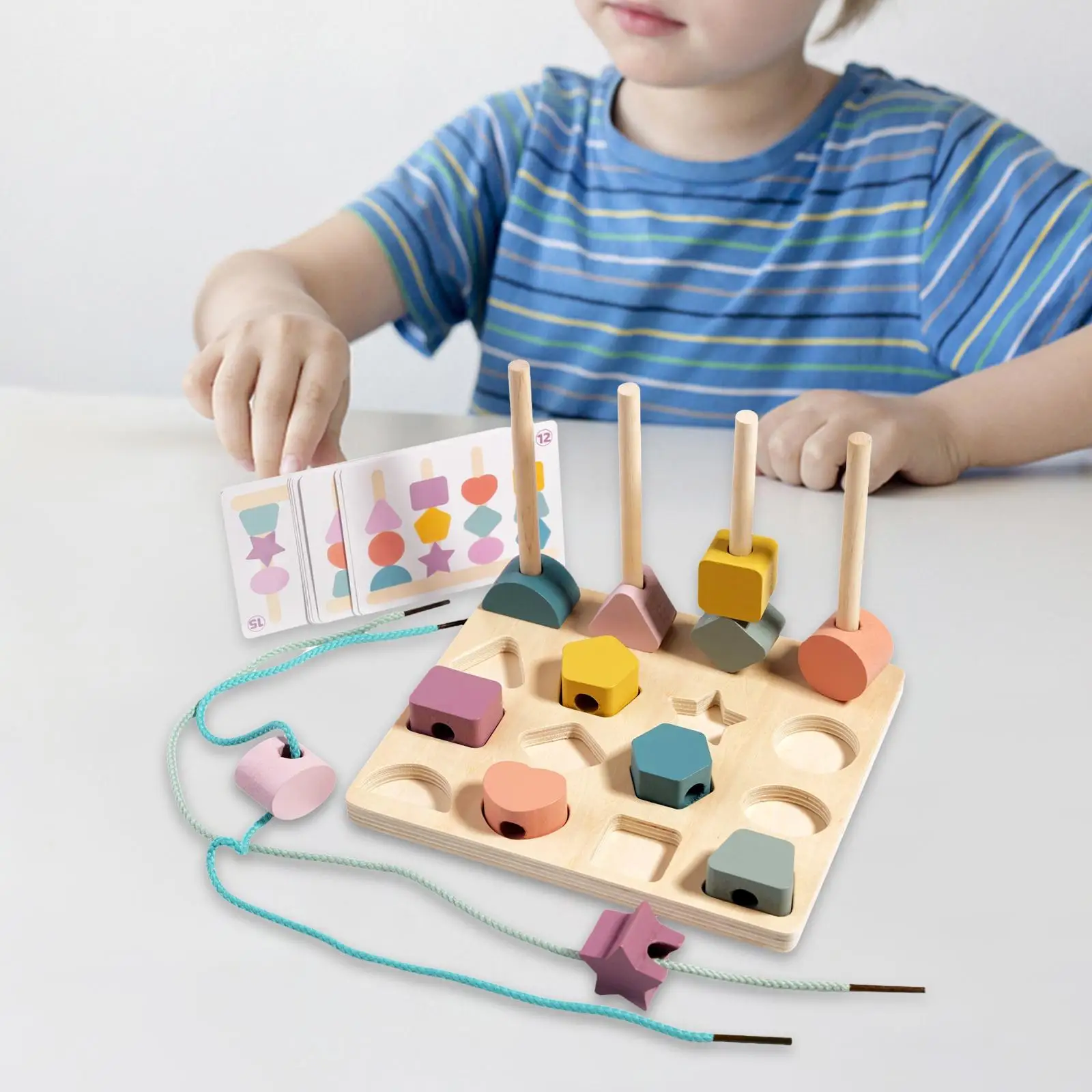 Montessori Wooden Beads Sequencing Toy Set Stacking Blocks for Preschool