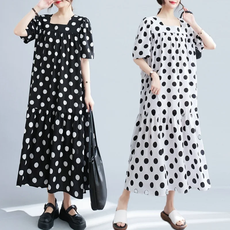 

plus Size Women's Midi Dress Polka Dot Short Sleeve Loose Fit Quality Polyester Summer Casual round Neckline Knee-Length Dress