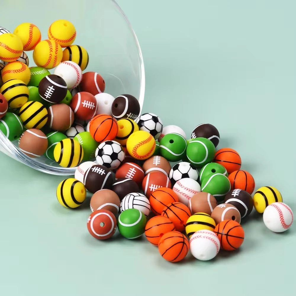 LOFCA 10Pc Printed Silicone Beads Round 15MM Soccer Baseball Tennis Basketball Silicone Teether DIYpacifier chain Accessories