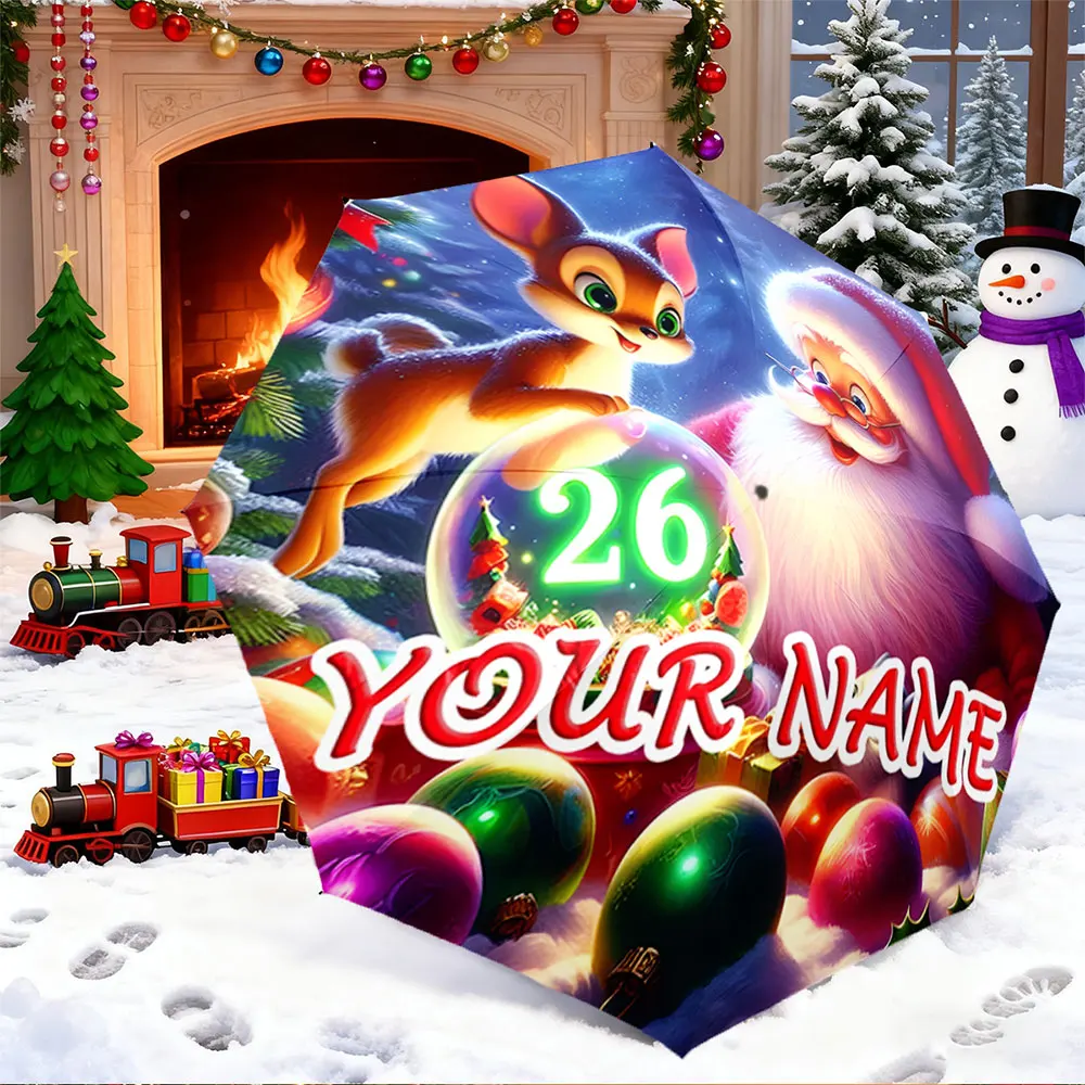 Custom Name Umbrella， Customized Christmas Umbrella - Santa Claus & Deer Design ,Portable Folding Umbrella, Christmas Gift