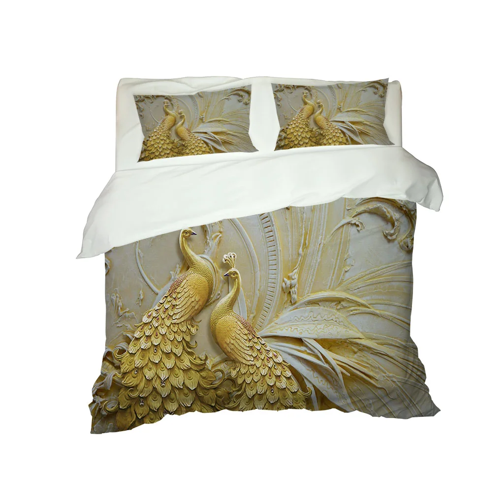 HUANZHUANG Pattern 3 Piece Bedding Set Golden Peacock Statue Duvet Cover Pillow Case Full Size King Fit Single Bed Double Bed Ki