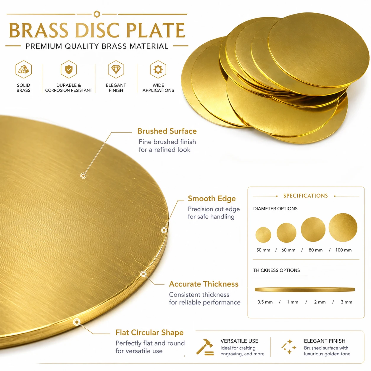 1-10Pcs H62 Brass Round Sheet Plate,0.5-3mm Thick Solids Coppers Alloy Disc for Engraving,Stamping, Craft Projects, Dia 50-100mm
