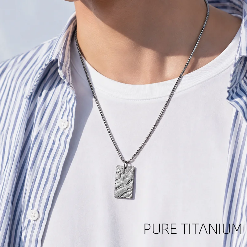 Ultra Light Pure Titanium Rock Pendant, Hand-Engraved with Water Ripple Pattern Plain Pendant with Stone Texture Trendy Necklace