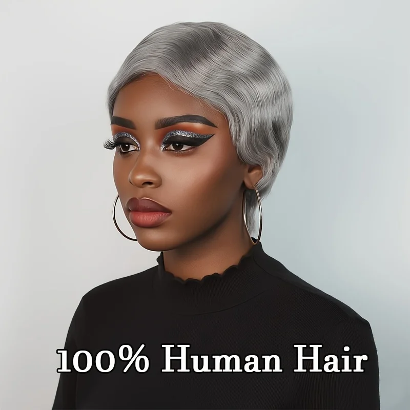 رمادي اللون باروكة من شعر طبيعي الطبقات عابث قطع شعر مستعار مع الانفجارات قصيرة غريب شعر بشري مجعد كامل آلة شعر مستعار للنساء مريحة #3