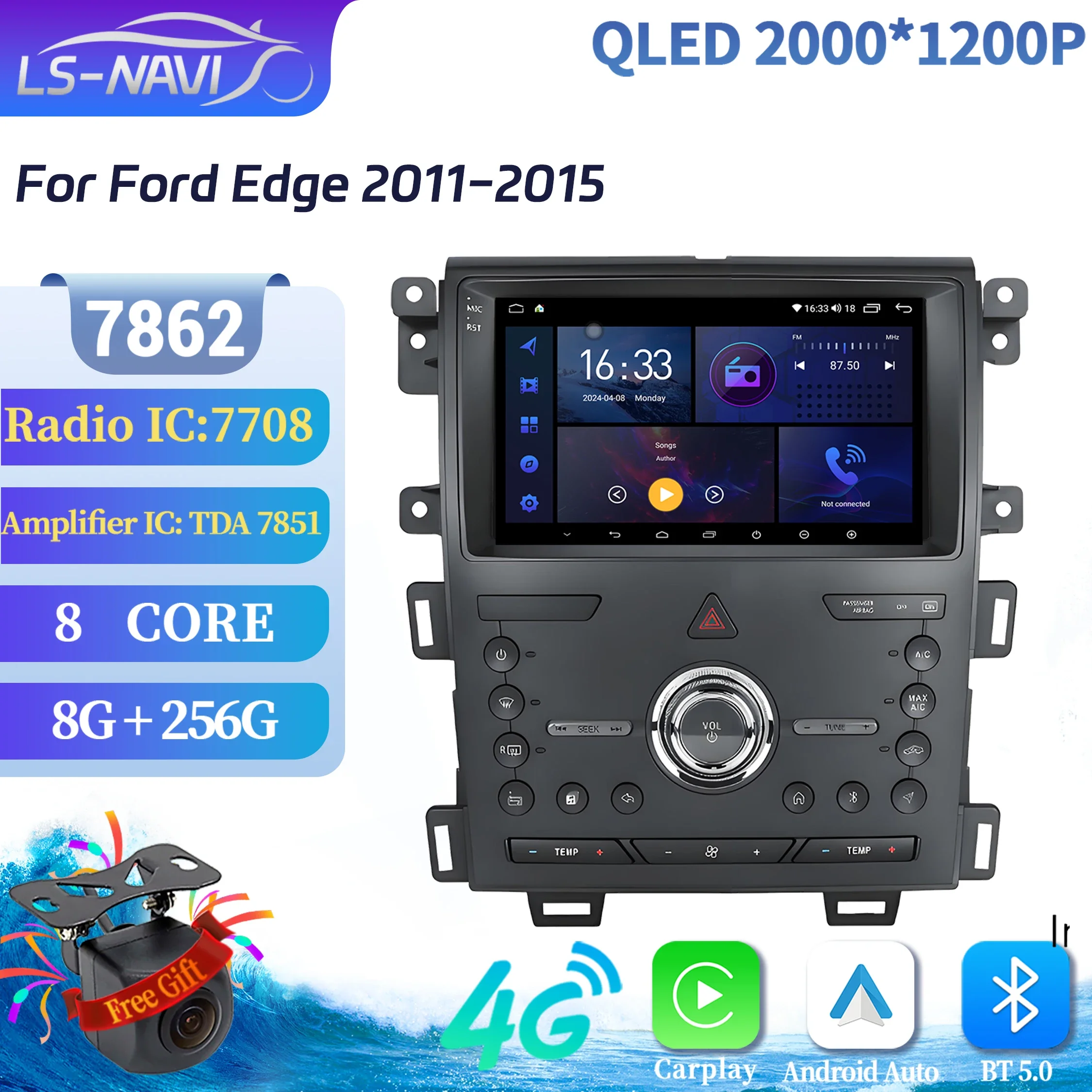 Car Radio Android 14 For Ford Edge 2011-2015 Multimedia Navigation Wireless Bluetooth Carplay 7862 8+256 radio 2K QLED Screen