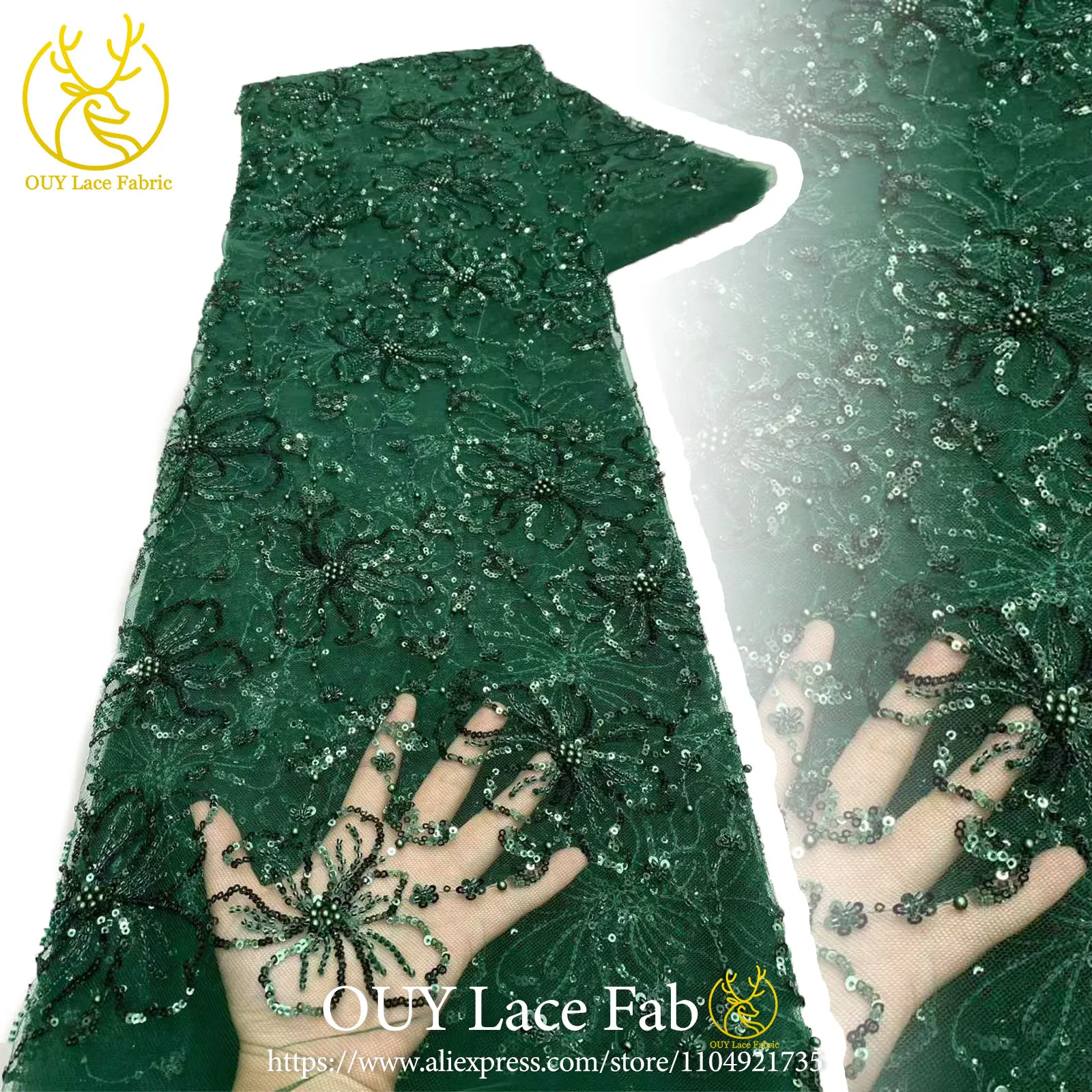 

5 Yards Nigerian Green Beaded Lace Fabric 2026 High-Quality African French Sequined Tulle Lace Fabric For Sewing Evening Gowns