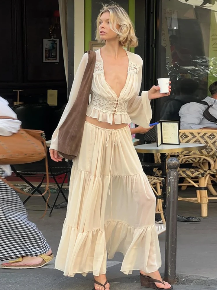 

2026 Elegant V-neck Long Sleeve Lace Patchwork Vacation Dress Two Piece Set Women Casual Cardigan Tops+ Skirts Suit Streetwear