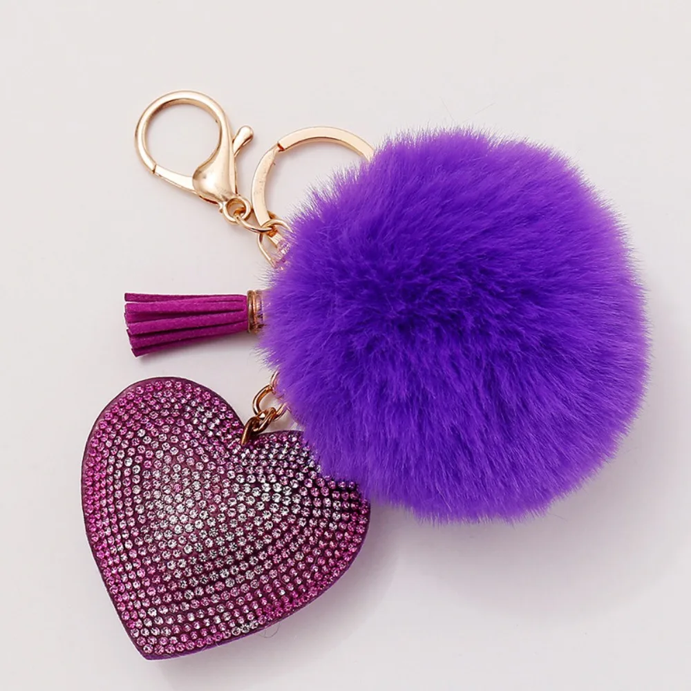 Fashion Faux Fur Plush Ball Keychain Solid Color Alloy Bag Pendant Rhinestone Heart Key Ring Women