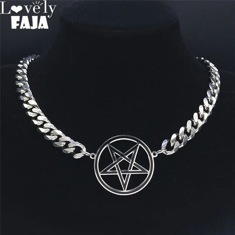 Punk Pentacle Inverted Pentagram Necklace for Men Clavicle Cuban Chain Stainless Steel Choker Necklaces Satan Jewelry