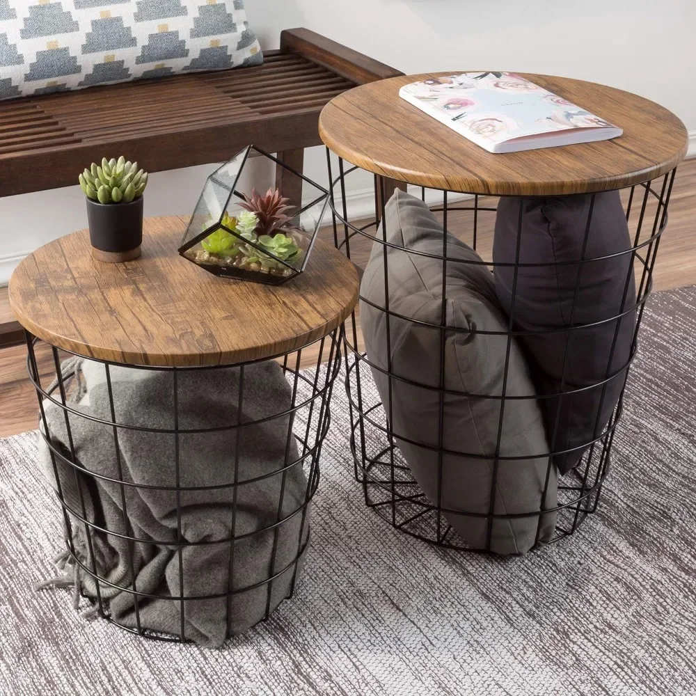 

End Storage – Nesting Wire Basket Base and Wood Tops – Industrial Farmhouse Style Side Table Set of 2, 17.75D x 17.75W x 21H in