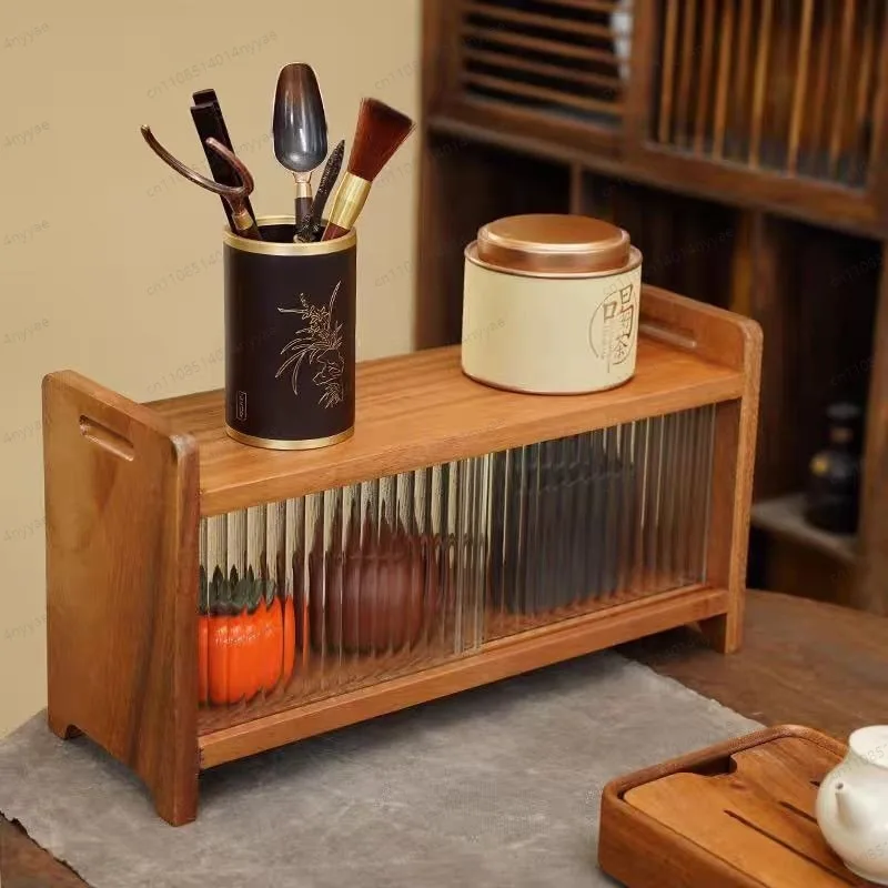 Walnut Wood Tea Storage Rack Desktop Organizer with Glass Door Dustproof for Teapot Teacup Tea Ceremony
