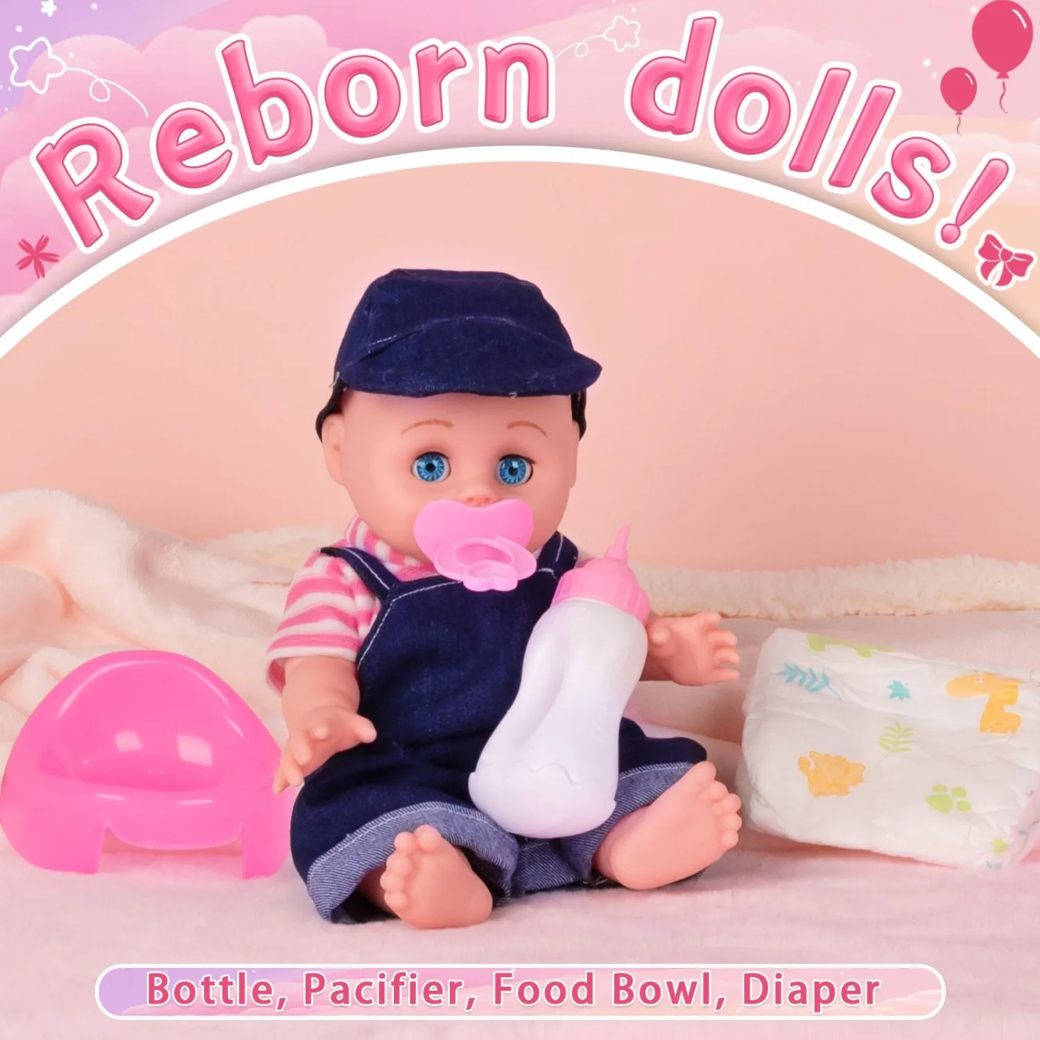 12인치 실물 같은 전신 아기 인형 |   파란색 작업복과 모자 |   젖병, 젖꼭지, 기저귀 포함 |   교육용 역할놀이 장난감