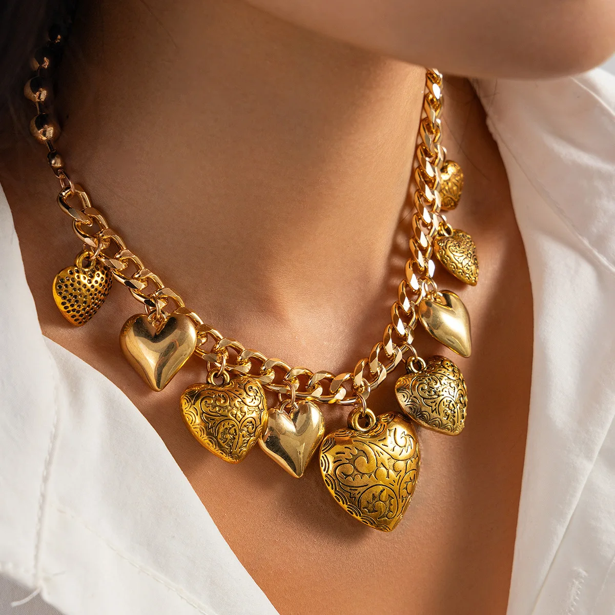 KMVEXO Vintage Choker Necklaces Bracelets Set For Women Punk Heart Pendant Gold Silver Color Metal New Hip Hop Jewelry Set