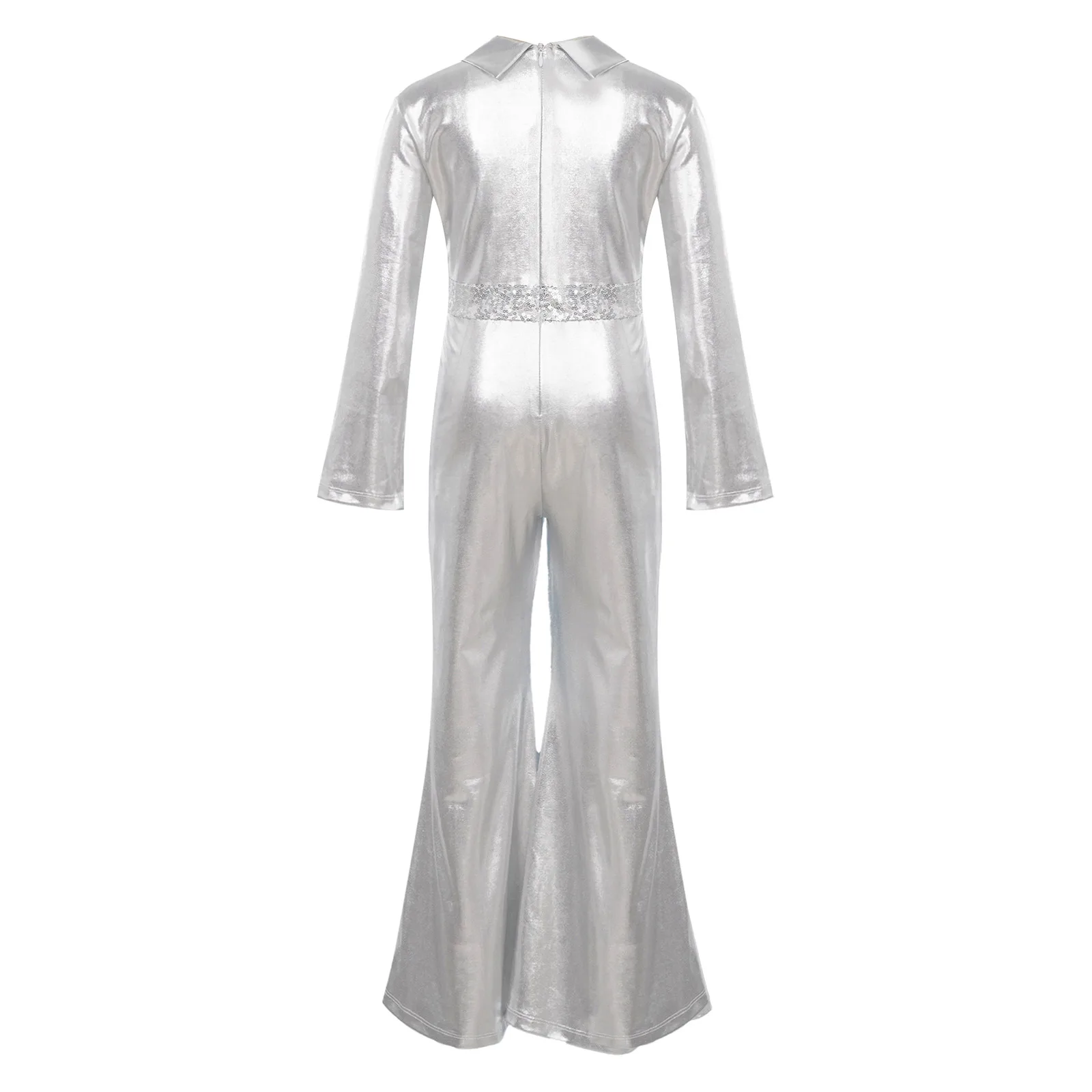 2023 Halloween Kids Boys Girls Disco Dance Jumpsuit Metallic Shiny Long Sleeve Bell-Bottomed Leotard Stage Performance Costumes