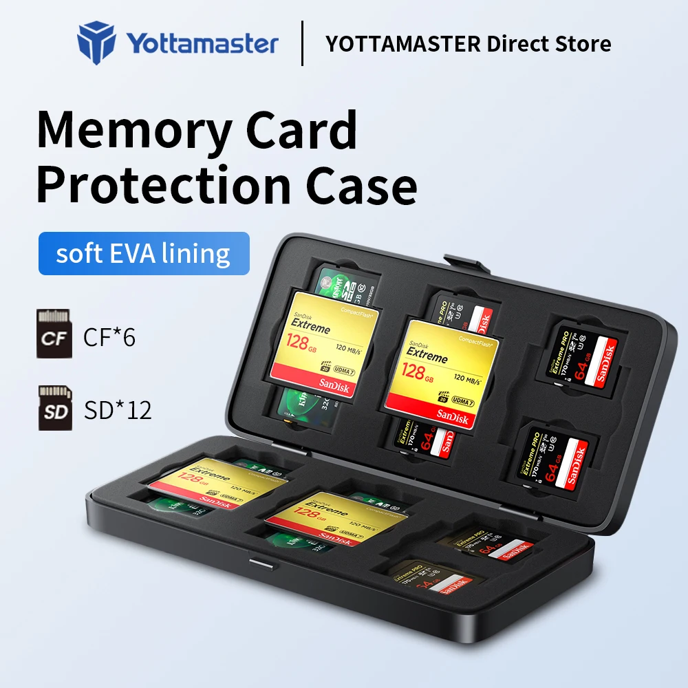 Yottamaster Holder 12SD+6CF Protector Storage Box Multi-grid Dustproof & Shockproof Memory Card Case Micro SD Card Card Reader