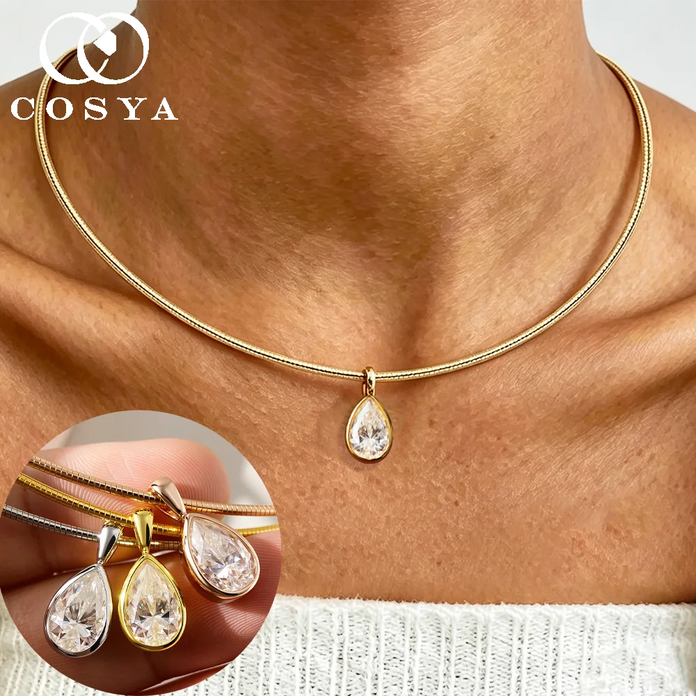 COSYA 3CT 7*11mm Pear Cut Moissanite Choker Necklace for Women 100% S925 Silver Solitaire WaterDrop Bezel Diamond Party Jewelry