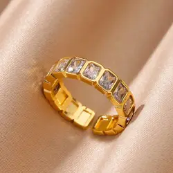 White Square Zircon Spliced ​​Open Rings For Women Minimalist Stainless Steel Adjustable New Wedding Aesthetic Ring Jewelry BFF