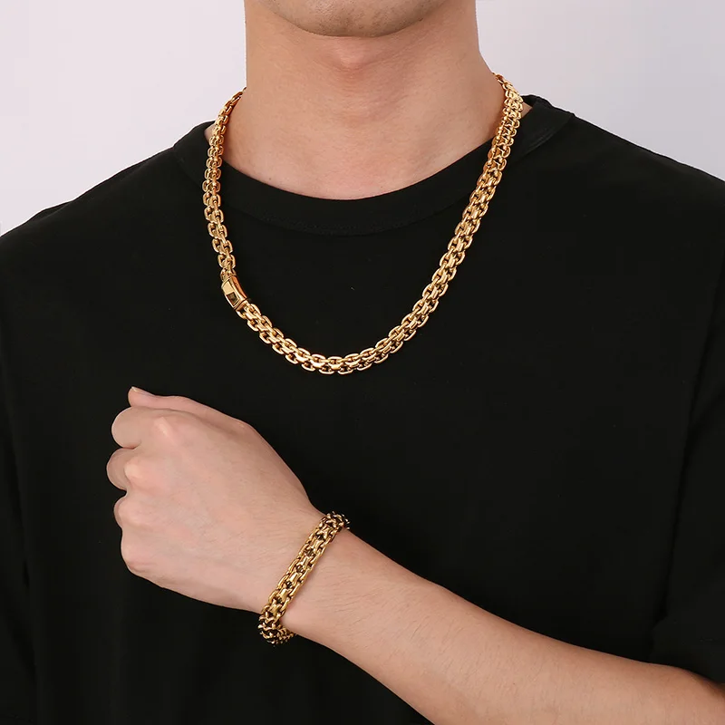 Heavy Wheat Chain Men\'s Bracelet and Necklace Polished Rotre Bracelet\'s Stainless Steel Biker Party Jewelry Sets Male Gift