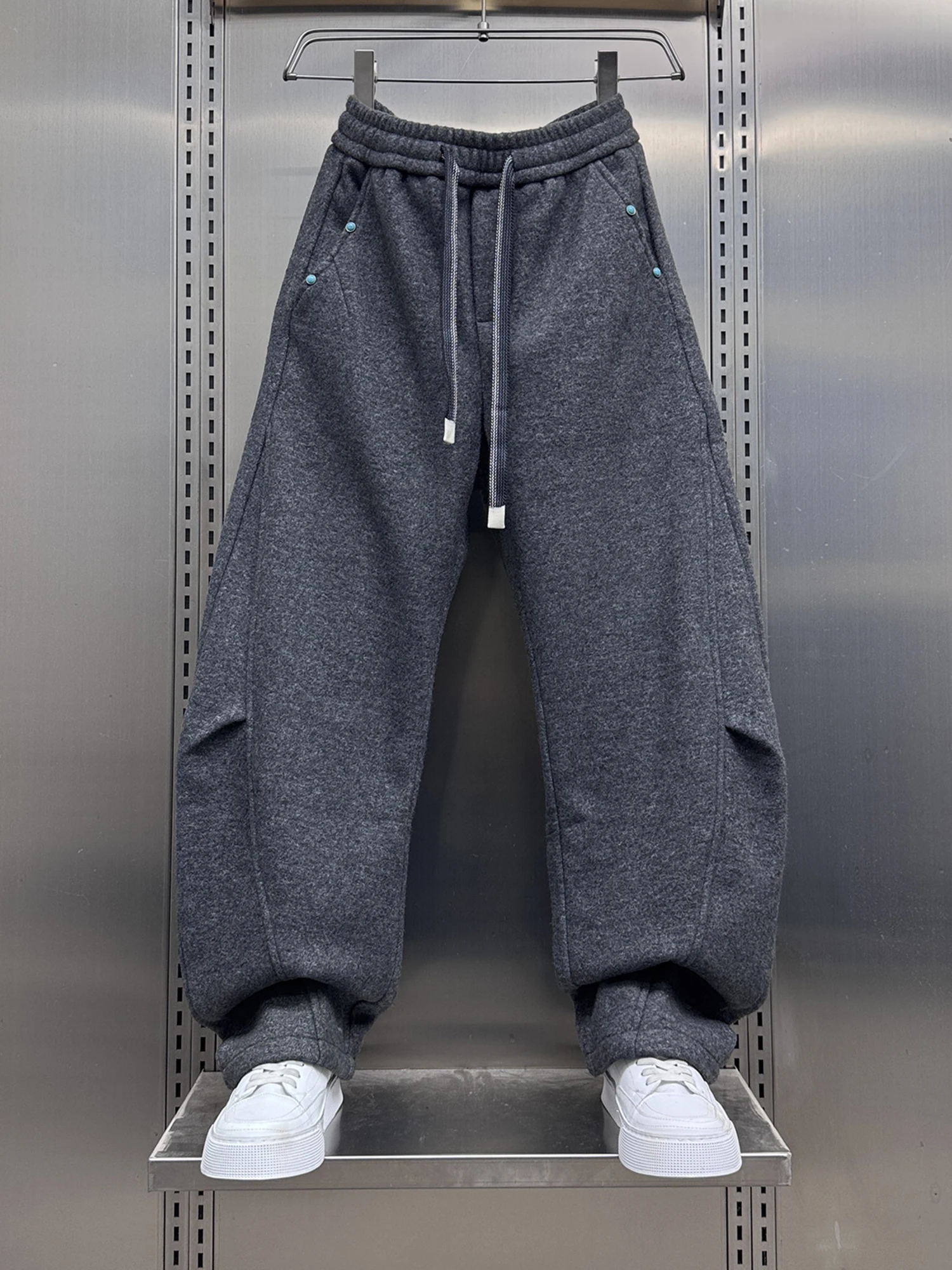 

Men's Casual Fce Lined Straight Leg Sports Pants Elastic Waist Bend Knife Pants Winter New Wide Leg Pants Loose Fit