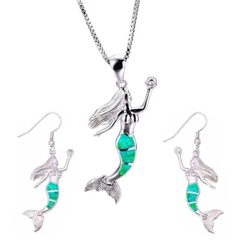 2023 Cute Mermaid Pendant Jewelry Set For Women Accessories Wedding Jewelry Girl Gift Fashion Imtation Opal Earrings & Necklace