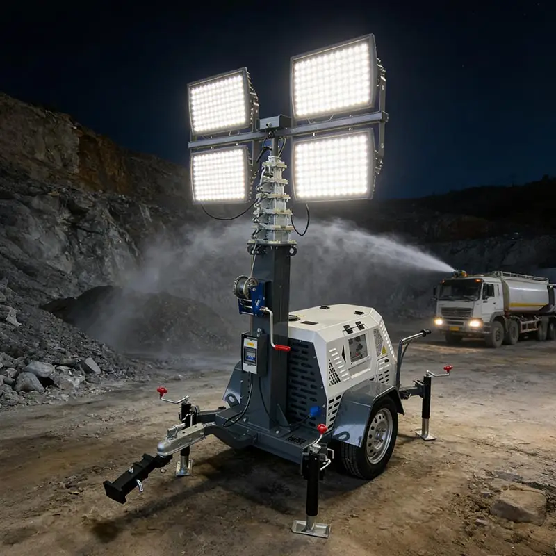 Mobile Lighting Tower Mobile Wheel Frame 8.4m Telescopic Pole Rotatable Light Heads For Construction Jobsite