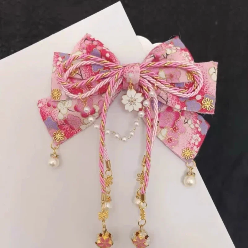Japanese Lolita Style Hair Clip Hot Stamped Cherry Blossom Bow Tassel Trim Cute Hair Accessory for Girls