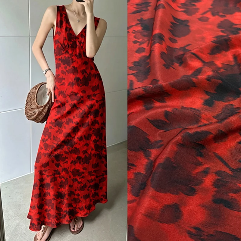 Black Printed Stretch Dark Red  Silk Crepe de Chine Fabric for DIY Sewing Summer Comfortable Dress Pajamas Silk Fabric FR7068