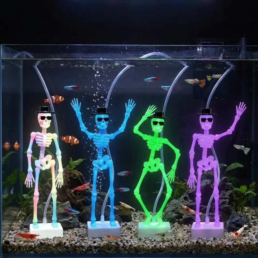 3D Printed Dancing Skeleton Aquarium Bubbler Plastic Air Driven Dynamic Skeleton Bubbler Wear Hat Sunglasses with Air Tube