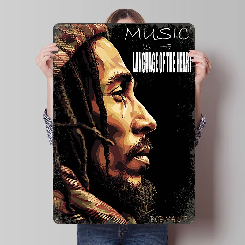 Bob Marley: Music Is the Language Tinplate Poster Customized Wall Art Vintage Retro Metal Signs for Decoration Room Man Cave