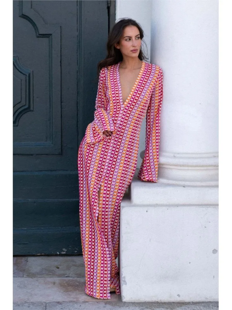 خريف جديد الكروشيه الملونة شريط فستان ماكسي المرأة موضة العميق الخامس الرقبة عالية سبليت مثير فساتين طويلة الشاطئ مأدبة Vestidos