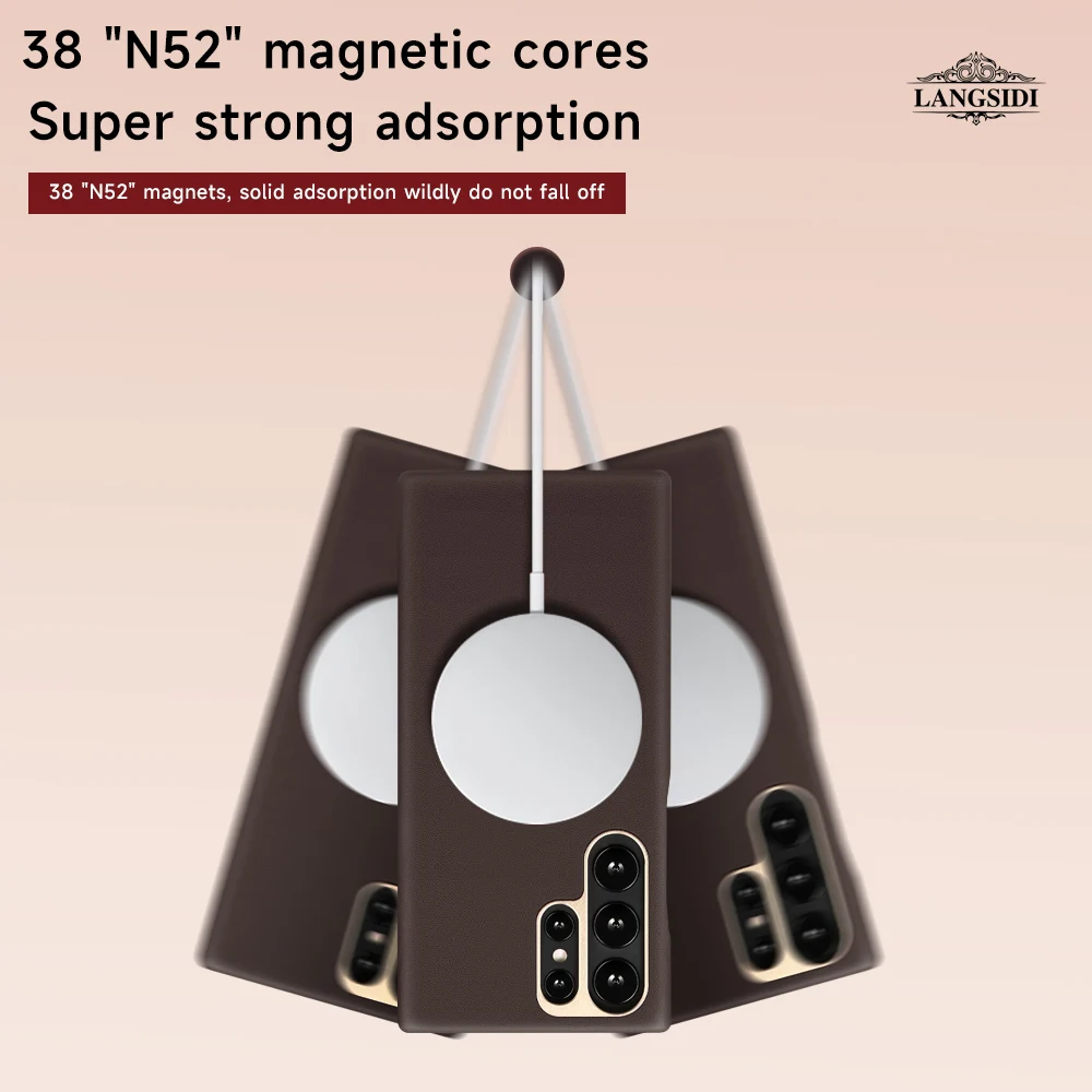 LANGSIDI Cowhide leather Magsafe Case for Samsung Galaxy s23 ultra plus Wireless Charging Cover For Samsung s23 Magnetic case