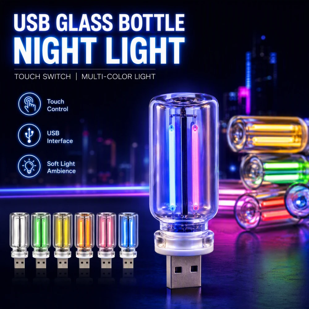 Retro Glass Bottle USB Touch Control LED Night Light for Car Bedroom Hallway Romantic DIY Mini Ambient Lamp Decor
