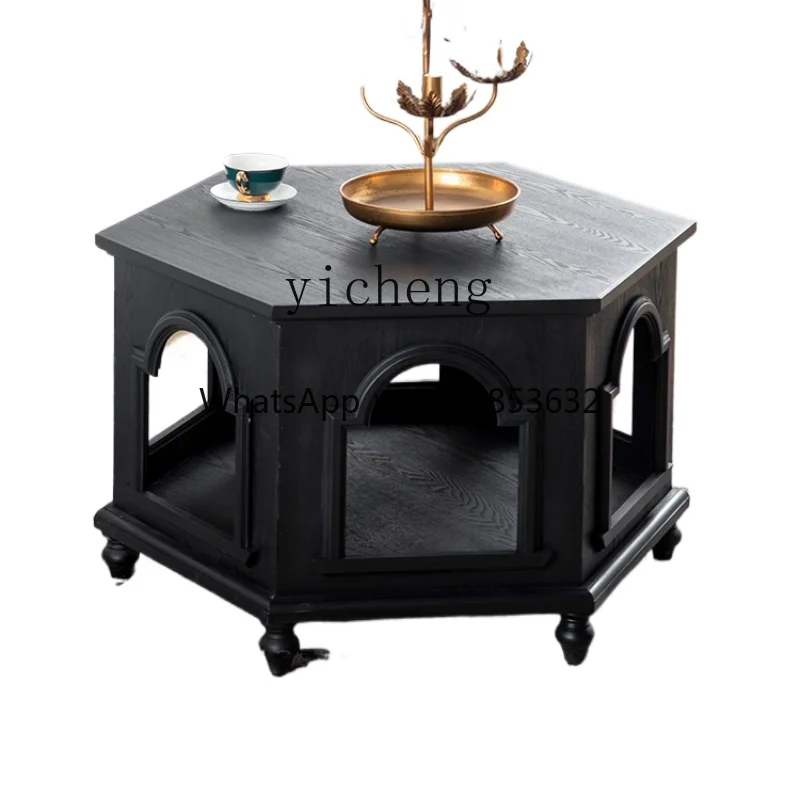 Retro Coffee Table Living Room Home Black Palace Style Polygon Small Mid-Ancient Solid Wood Creative Sofa Side Table