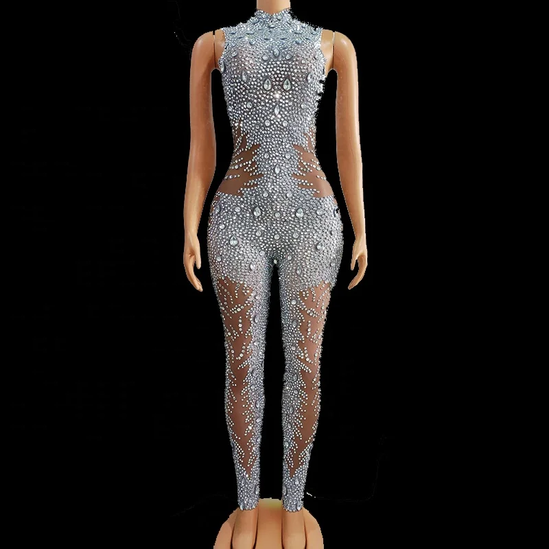 Rhinestone Sparkly Scoop Sleeveless Nightclub Stage Bodysuit Shiny Crystal Diamond Rompers Women One Piece Jumpsuits