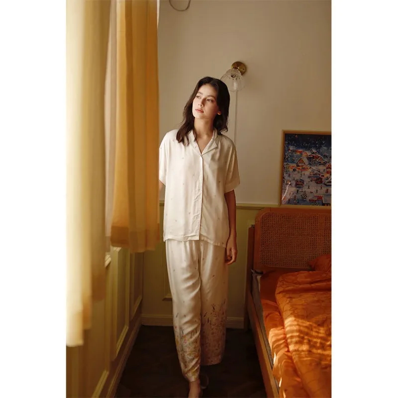 Summer Artificial Cotton Satin Cardigan Pajamas Elegant Printed Short Sleeved Trousers Pijamas Loose and Comfortable Sleepwear