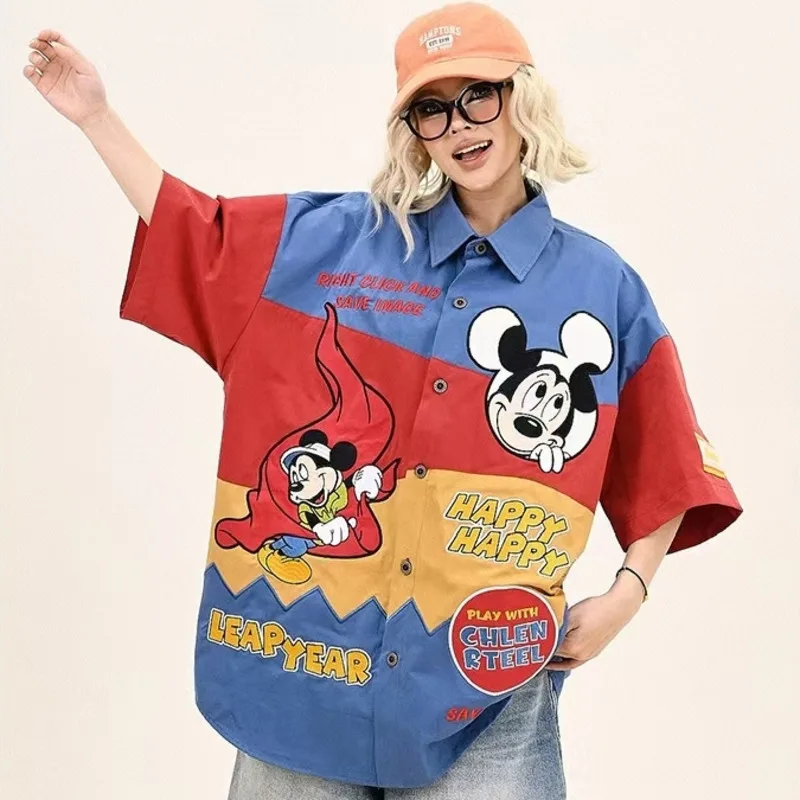 

Disney Mickey Summer American Style Cartoon Embroidered Shirt Women's Loose Splicing Color Shirt Harajuku Versatile Trend Blouse