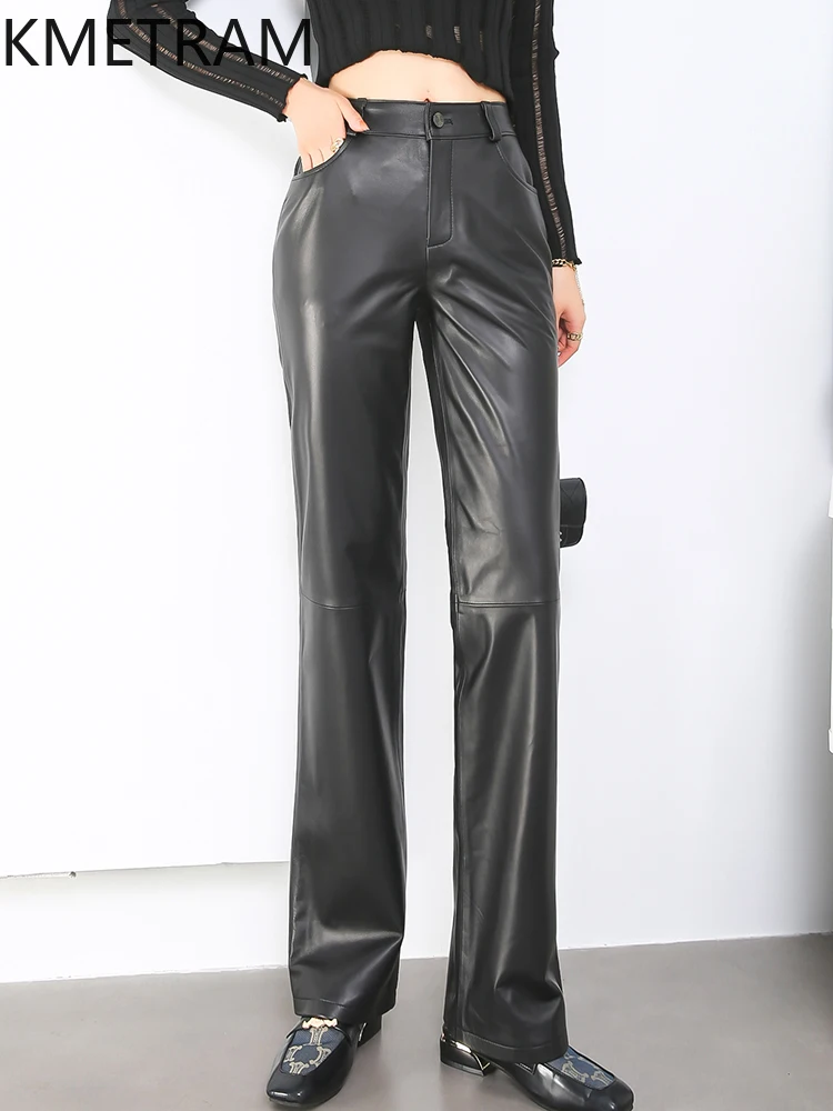 KMETRAM 100% Top Layer of sheepskin Women Pants Autumn 2025 Black Pants Genuine Leather Straight Trousers Woman Clothing штаны